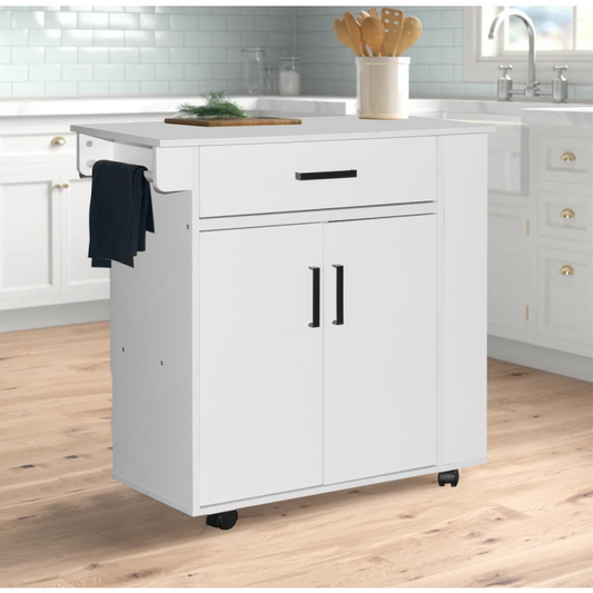 Shelby Rolling Kitchen Cart with Storage Cabinet - White