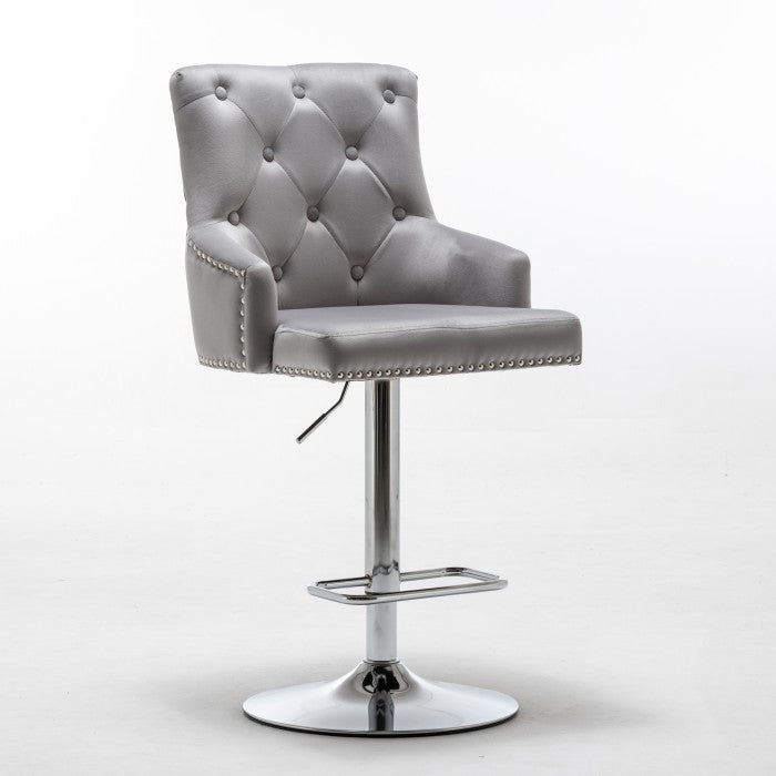 Velvet Tufted Adjustable Swivel Bar Stool Set - Gray