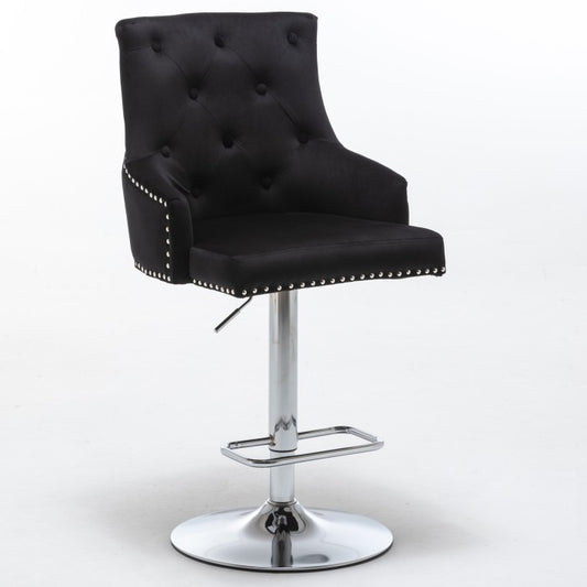 Velvet Tufted Adjustable Swivel Bar Stool Set -Black